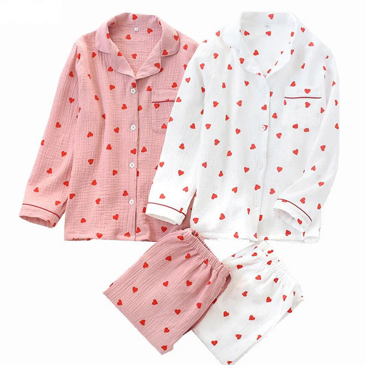 Women's Heart Print Pajama Set - Soft Cotton, Double-Layer Gauze, Long-Sleeve - Spring Collection