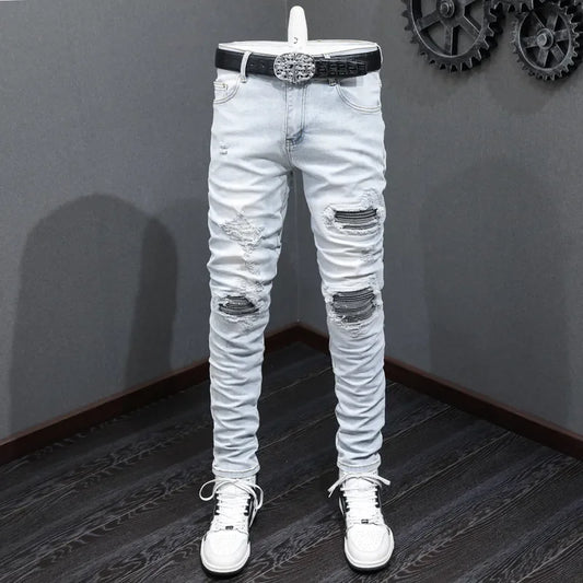 Retro Light Blue Skinny Jeans for Men - Designer Brand, Hip Hop Style